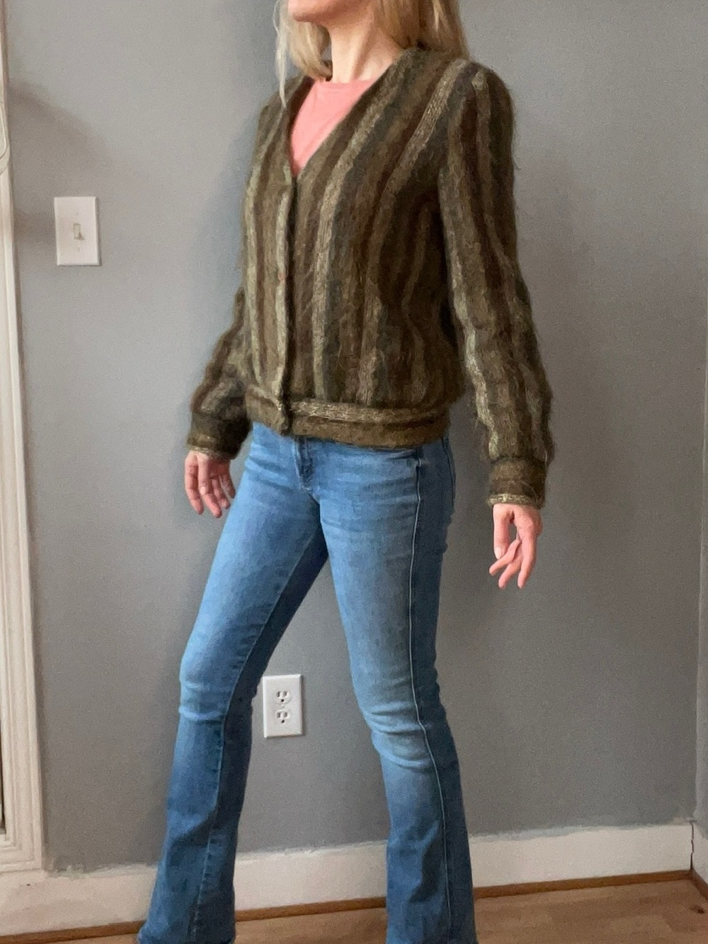 Fuzzy vintage 90s Mohair Bomber Jacket in Olive & Brown removable suede collar